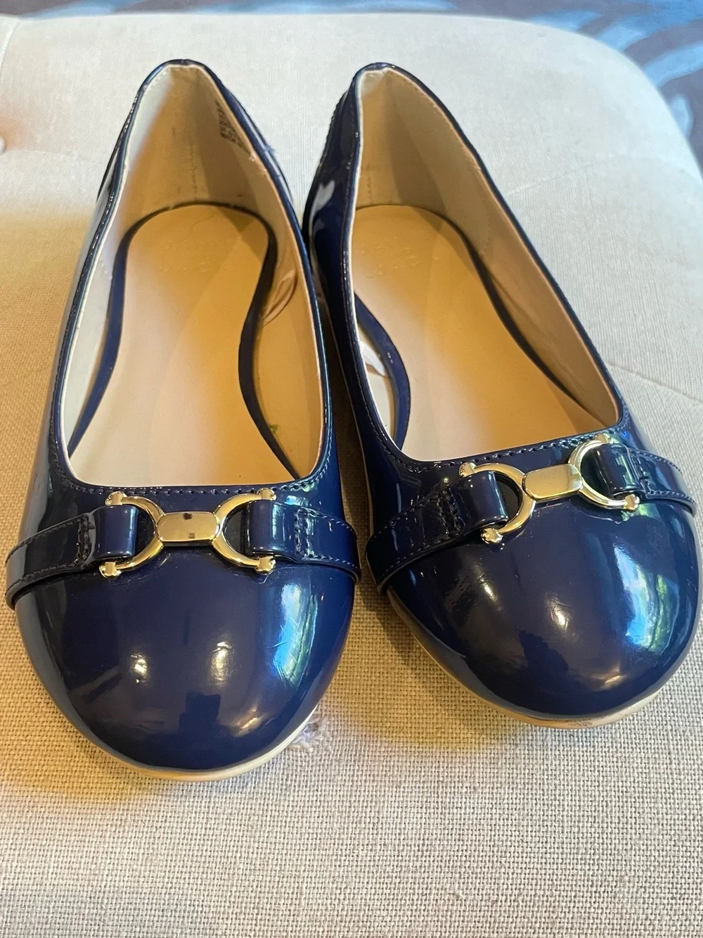 Janie and Jack Navy Patent Leather Ballet Flats with Gold Bit Detail Size 13 Gir